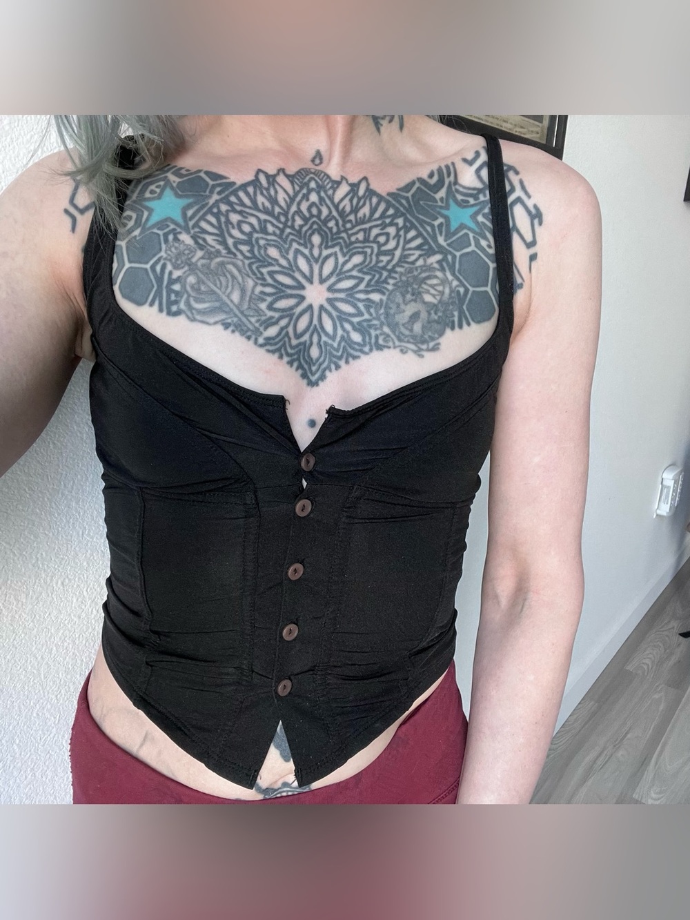 Out From Under Seamed Button-Front Bustier Tank Top, Black, Small S